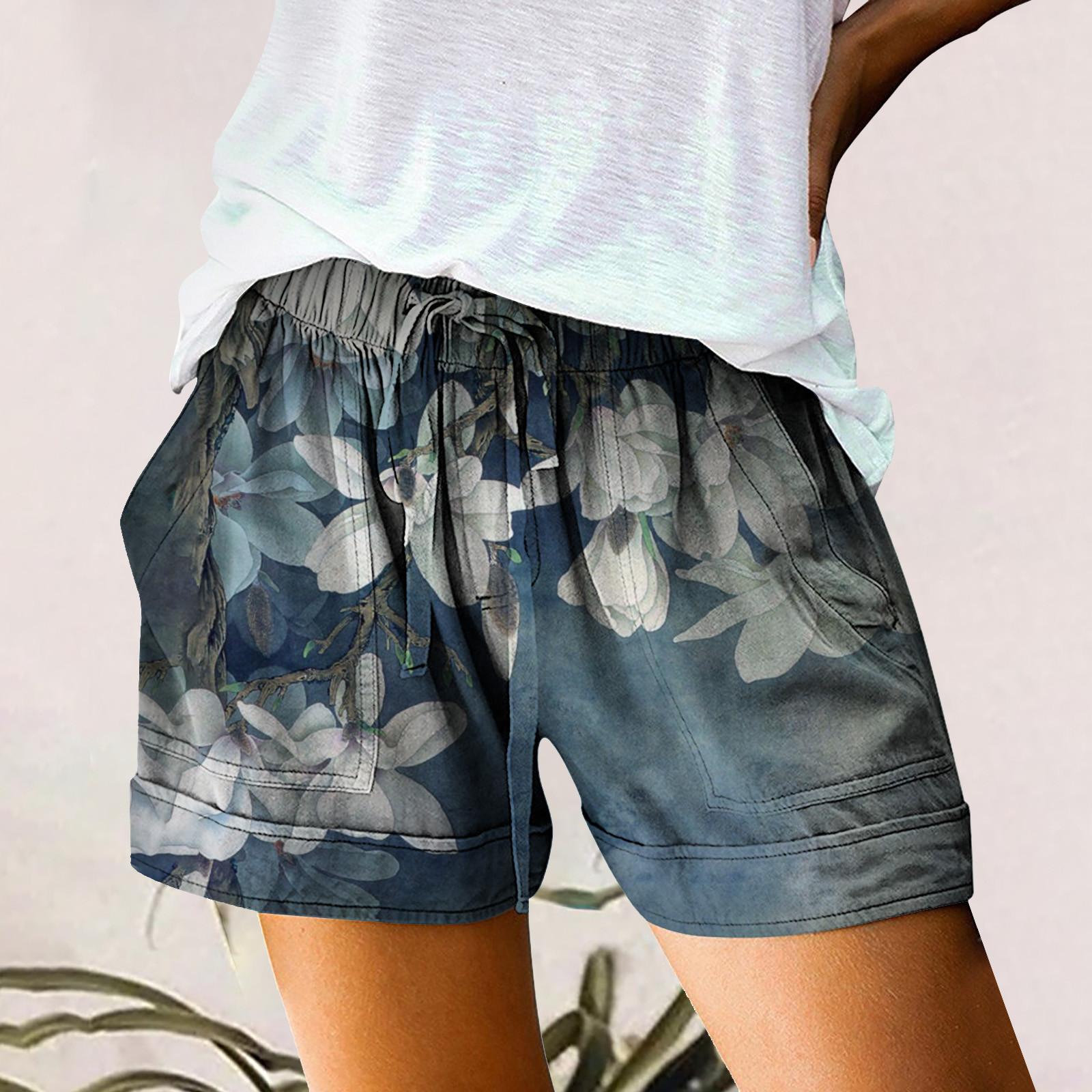 

Women Summer Shorts Plus Size Bandage Pockets Printed Loose Casual Shorts M