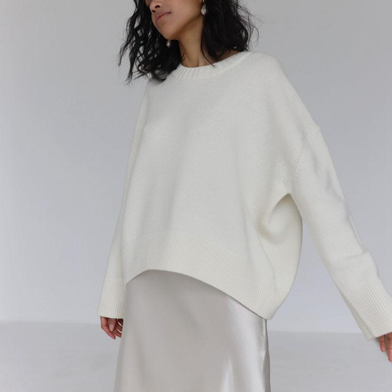 Women Autumn Winter Knit Crew Neck Long Sleeve Loose Solid Color Knitted Sweater