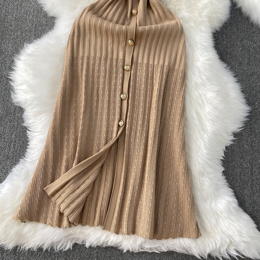 Summer Women O-neck Sleeveless Single Breasted Knitted Mid-calf Slim Tank Sweater Dresses