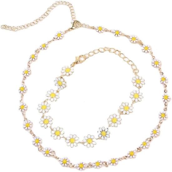 Pingyongchang Daisy Flower Necklace and Bracelet Set for Women - Bohemian Enamel Choker, Handmade Gold Spring Sunflower Jewelry for Party and Beach
