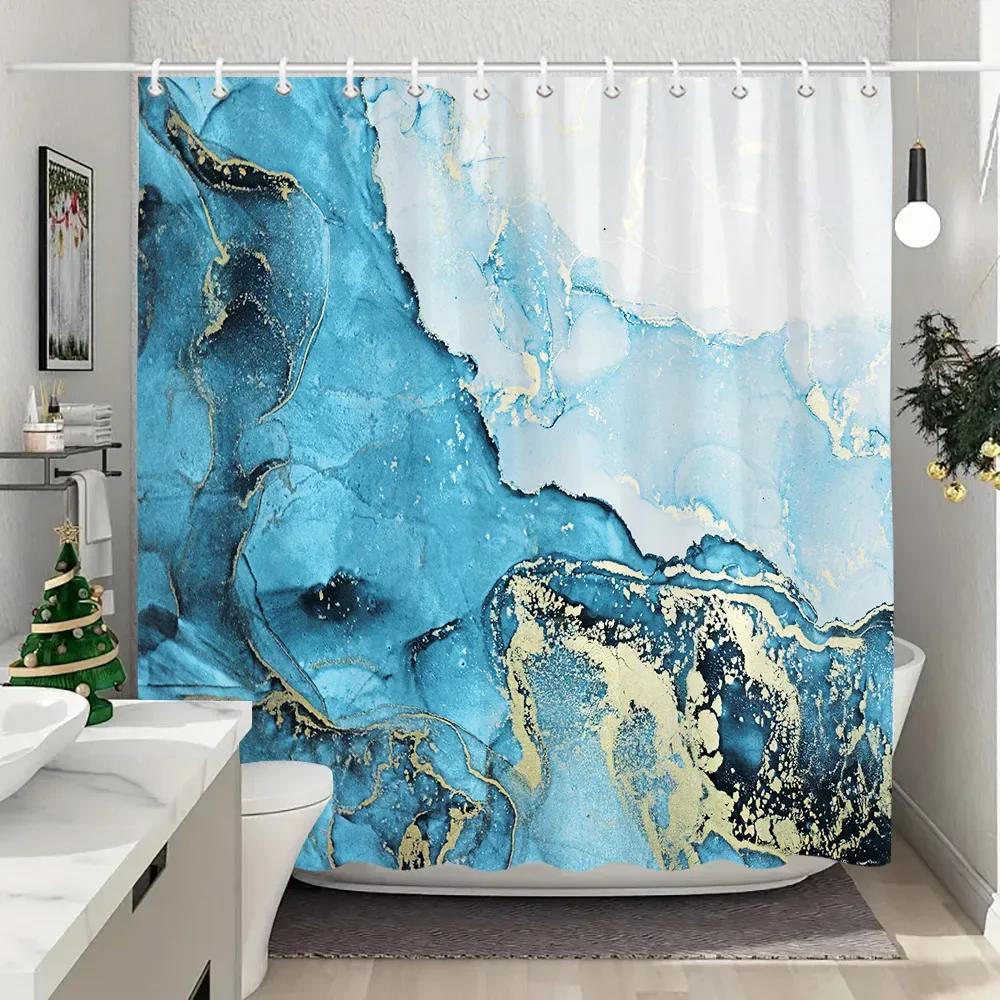 Blue Gold Textured Marble Shower Curtain Black White Natural Art Pattern Polyester Fabric Washable Shower Curtain Bathroom Dec