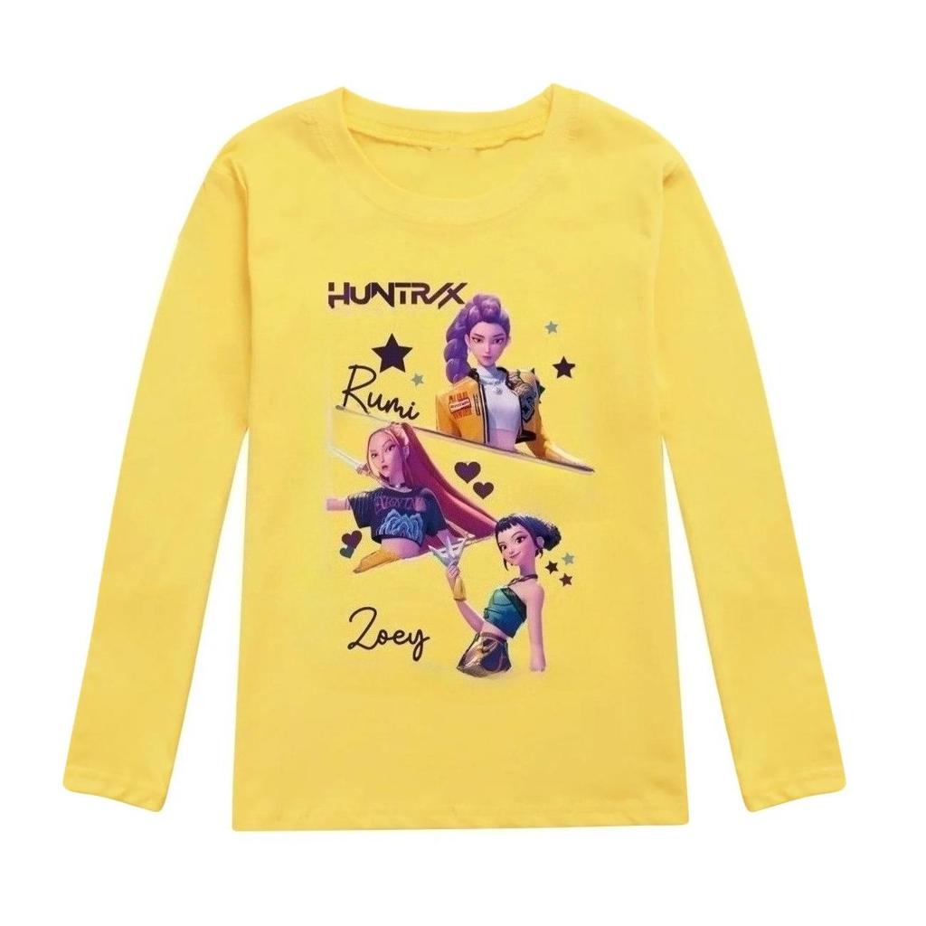 KPop Dämonenjäger Kinder Huntrix Langarm T-Shirt Cartoon Lässig O-Ausschnitt Oberteil für Jungen und Mädchen Mode Locker Jugendbekleidung