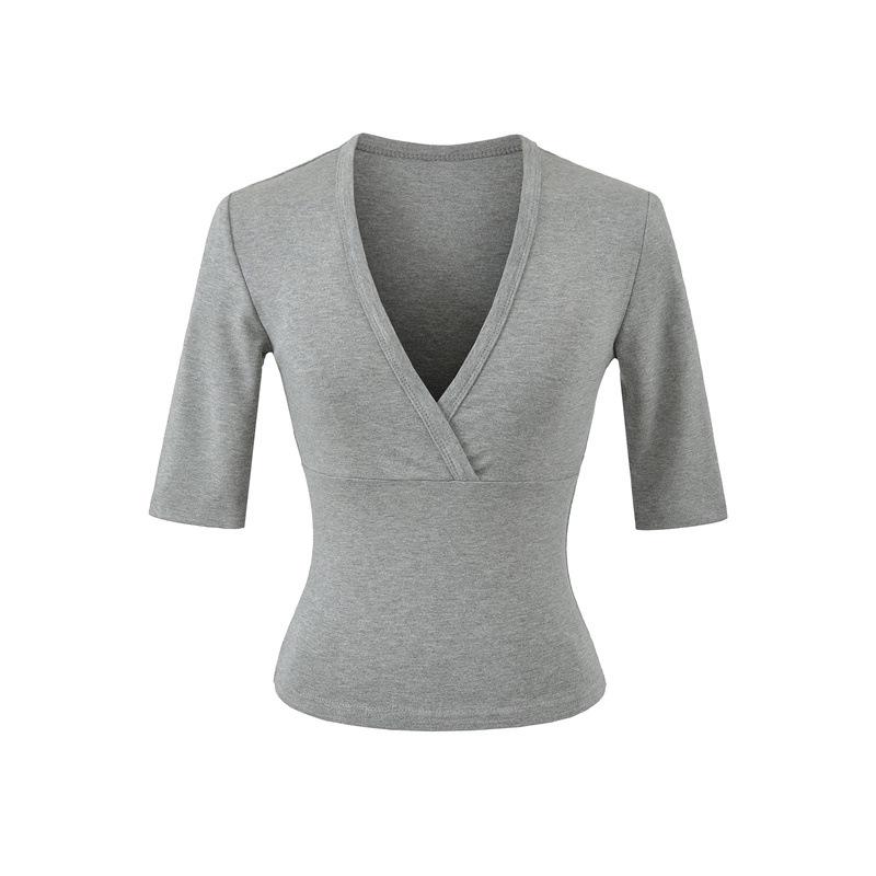 Elegante Camiseta Cruzada en V con Ceñido a la Cintura para Mujer - Capa Base de Manga Corta para Verano