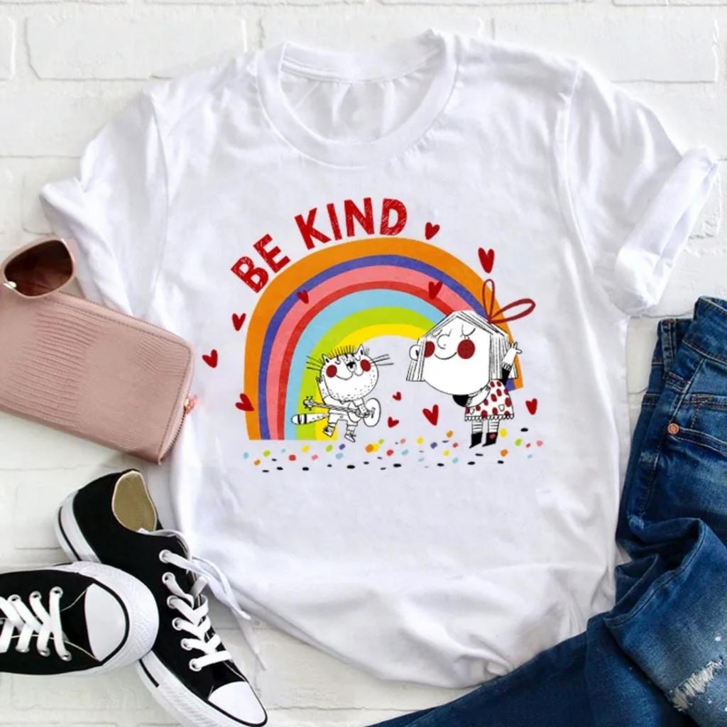 Be Kind Rainbow Cat Women's T-Shirt Cute Pattern Top Short Sleeved T-Shirt Lady's O-Neck Trendy Fashion White Tee for Women