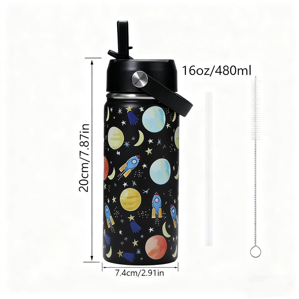 16Oz Kids Water Bottle Cartoon Animal Children'S Cup With Straw Stainless Steel Vacuum Flacks Thermos Bottle Thermal Mug Cups
