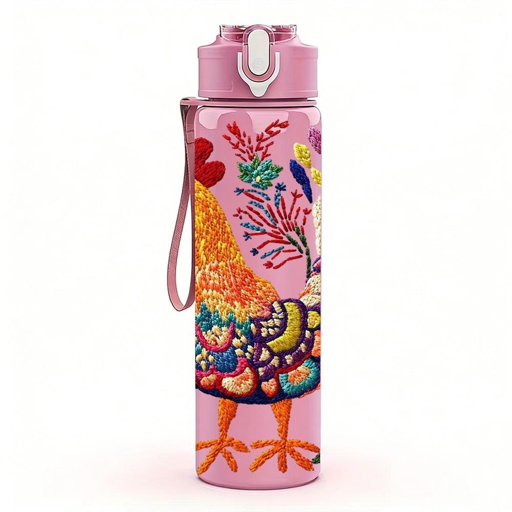 1PC Colorful Rooster Folk Art Pattern 750ml Color Plastic Sports Water Bottle Leakproof Flip Straw Lid Suitable for Sports Office Home Use