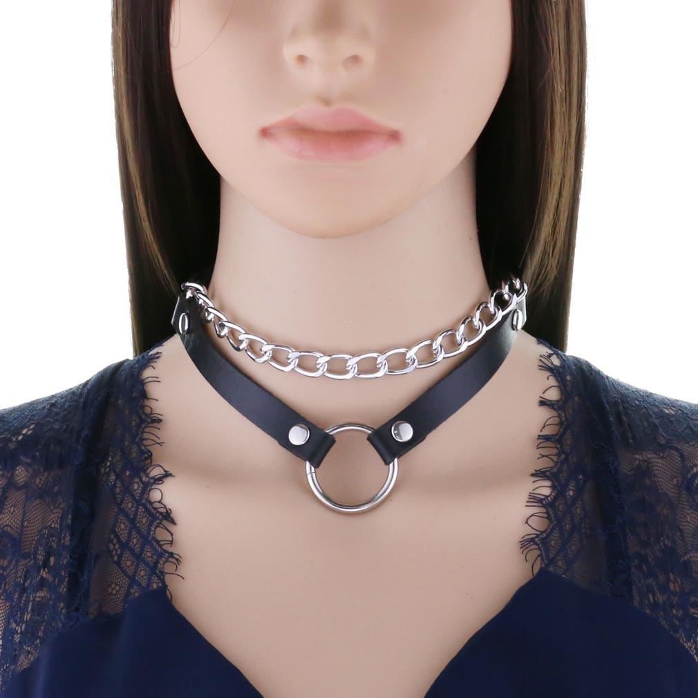 Double Line O-ring Chain Choker, Minimal Punk PU Leather Circular Ring Necklace