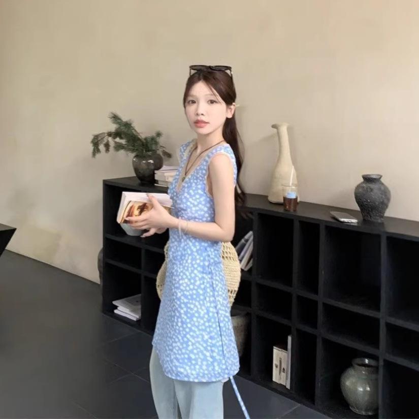 

Korean Blue Floral V-Neck Sleeveless Dress - 2026 Spring Resort Collection L цветочный/синий