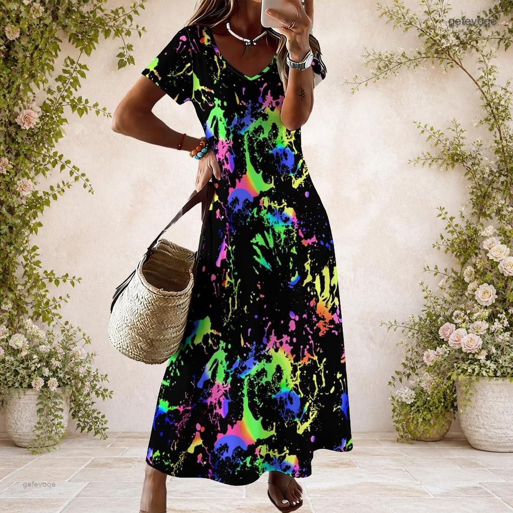 Women Plus Size V Neck Short Sleeve USA Flag Printed Maxi Dress