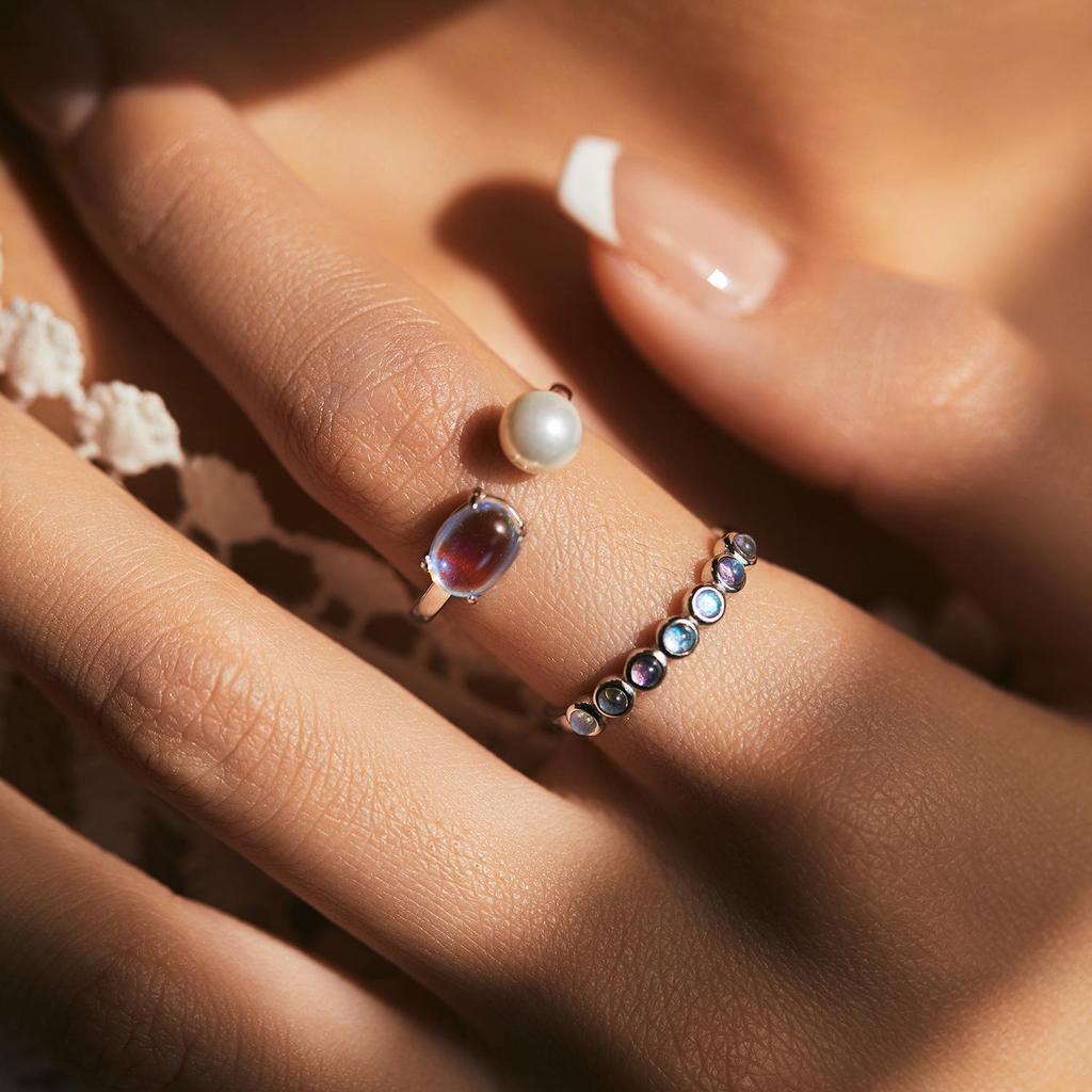 MODIAN S925 Sterling Silver Moonstone Ring for Women, Korean Style with Zirconia, Stackable Elegant Index Finger Ring.