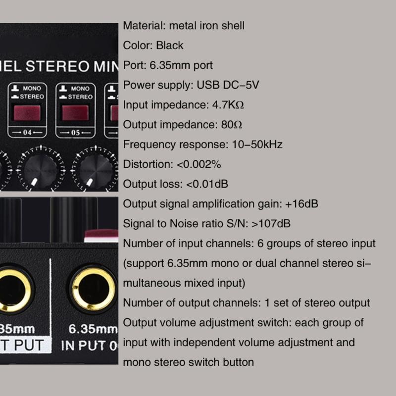 Stereo 6 Channel Mixer Sound Mixer 6 Stereo Distributor Volumes Control Mixing for Electric Guitar Keyboards Drum
