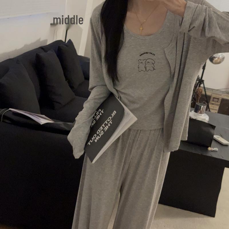Women's Modal Cotton Pajama Set - Three-Piece Sleeveless and Long Sleeve with Chest Pads for Indoor or Outdoor Use
