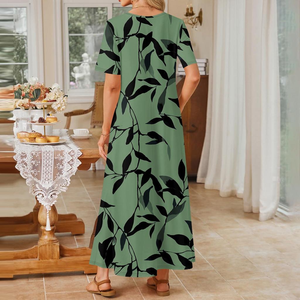 Damen Modischer Und Lässiger Langer Strandrock Rundhals Kurzärmelig Locker Retro-Print Kleid