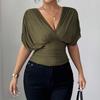 Moda Casual para Mujer Top de Cuello en V con Mangas Cortas tipo Ala y Cintura Ceñida