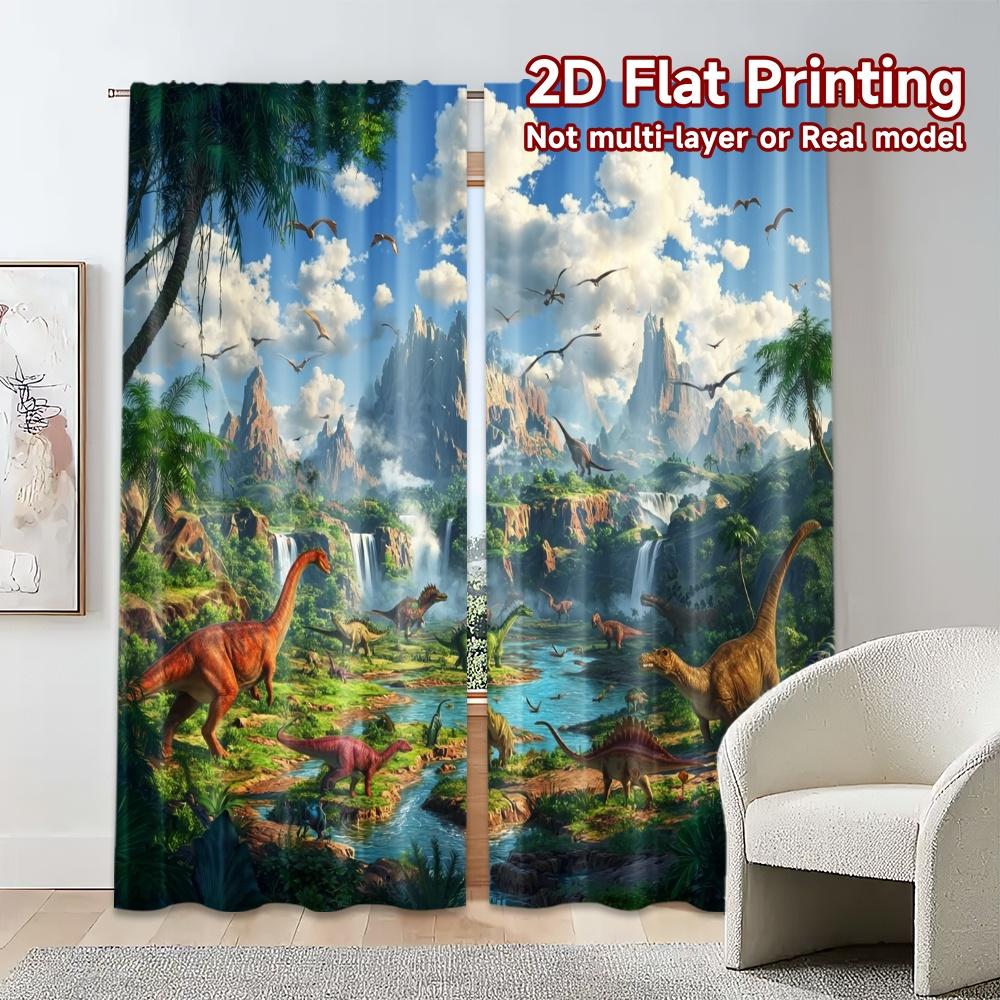 2pcs, 2D FLAT PRINTING Curtains (Without Rod) Dinosaur Valley(2) Creative Chic Curtains Versatile Durable Polyester Curtains