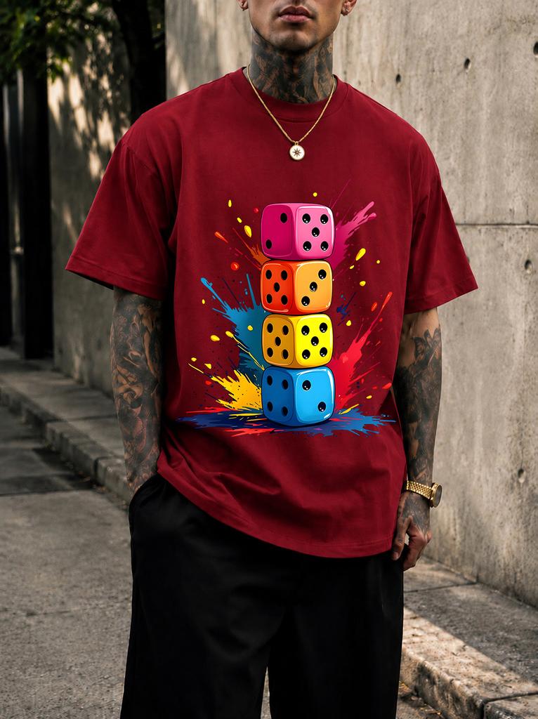 2026 New Pure Cotton Tshirt With Colorful Stacked Dice Ink Splash Graffiti Print Crew Neck Short Sleeve Casual Top