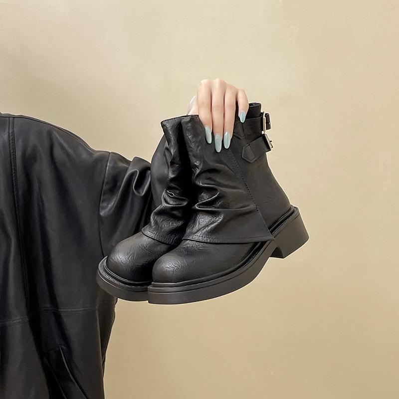 British retro design pleated leather boots slim short boots autumn and winter muffin thick-soled trousers women's knight boots
