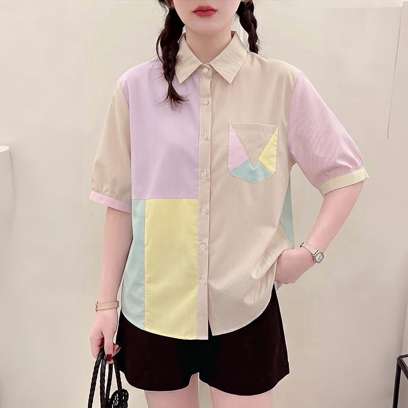 ZANZEA Womens Turn Down Collar Short Sleeve Patchwork Stripe Blouse