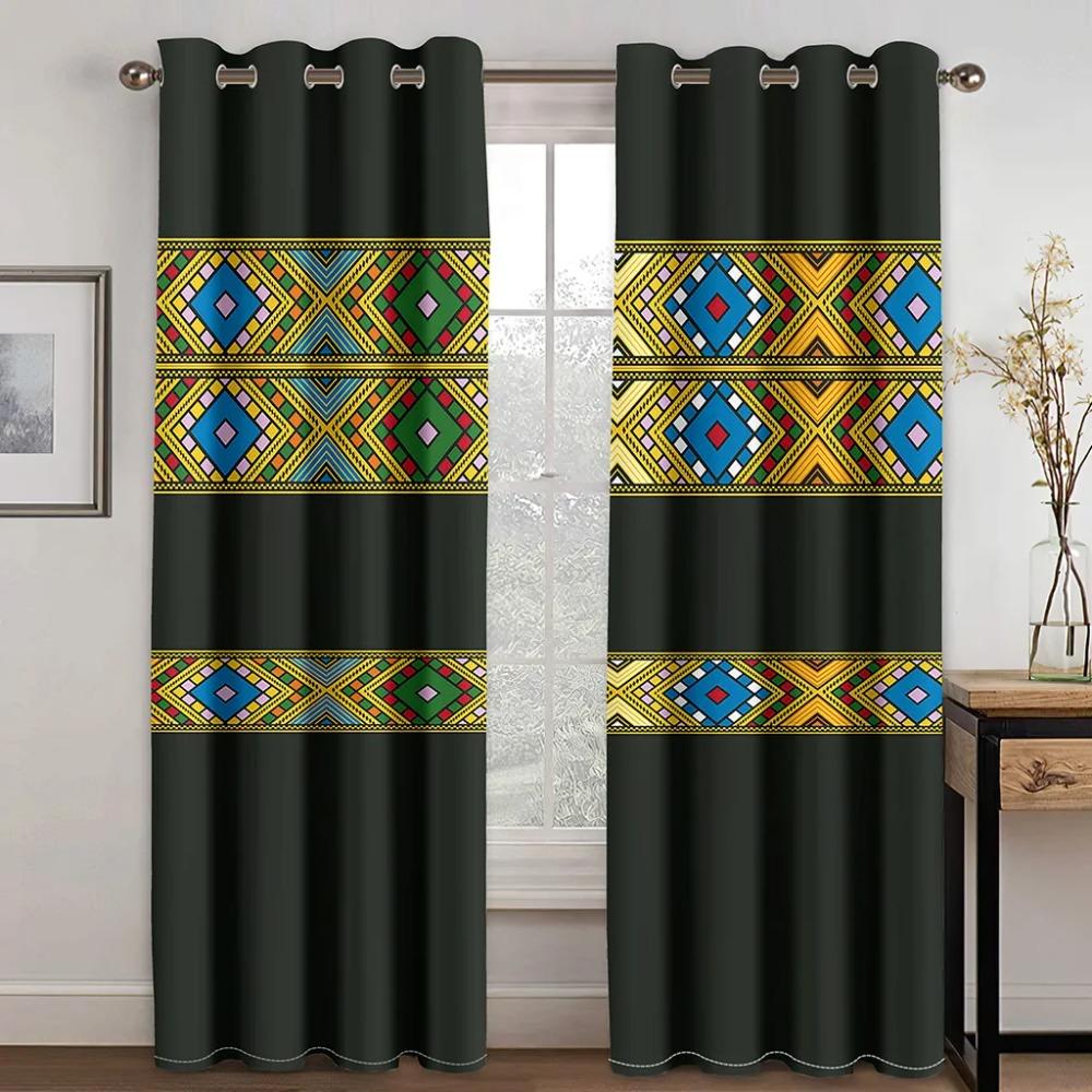 Luxury Gray Ethiopian and Eritrean Traditional Curtains 2 Pieces Thin Drape for Living Room Bedroom Window Decor
