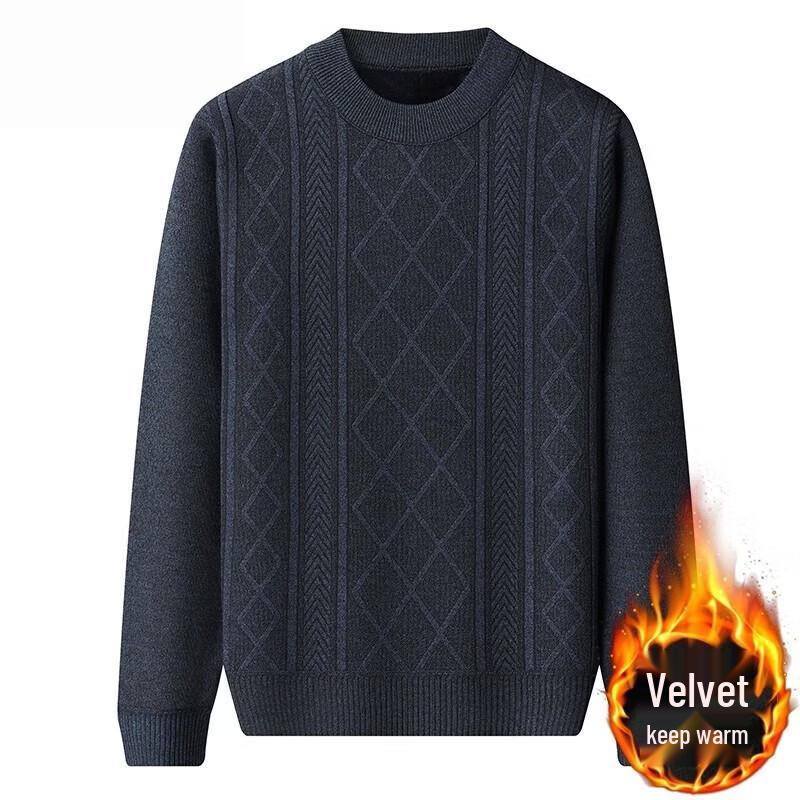 Hengyuanxiang Men's Fleece Lined Round Neck Warm Sweater