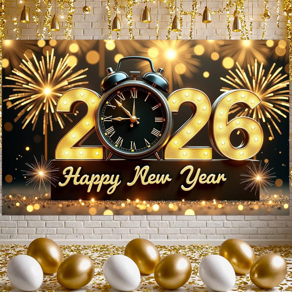2026 Neujahrsbanner 2026 Design Uhr Dekor Banner Goldene Lichter Banner Beleuchtetes Design Für Feiertagsfeier 2026 Feier