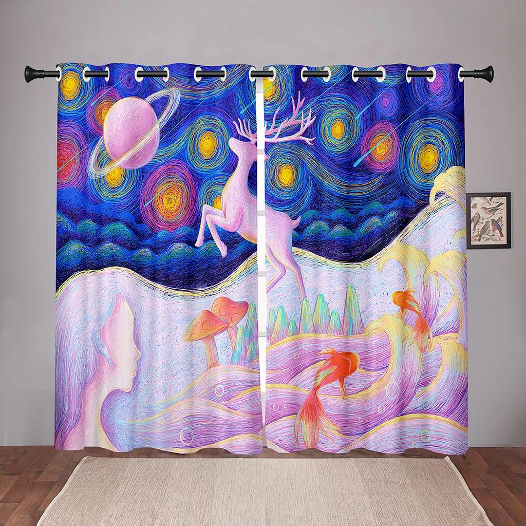 Animal Deer Forest Cartoon Dreamy Blackout Window Curtains for Bedroom Living Room Bathroom Kicthen Door Hall High Shading New