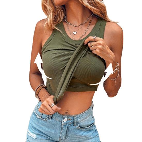Women Ribbed Tank Top Knitted Camisole with Built-in Bra Casual Crew Neck Sleeveless Basic Tee Shirt for Workout Parties Vacations