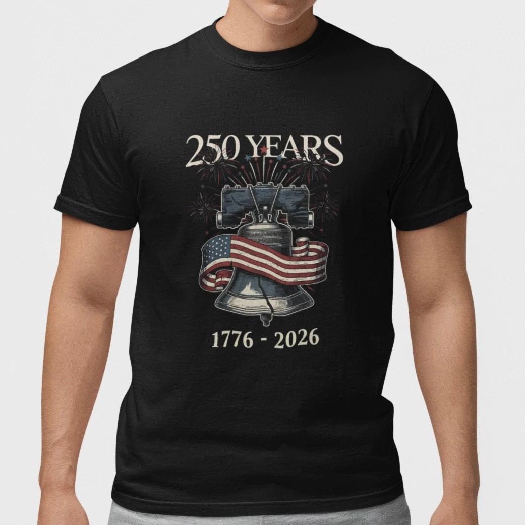 USA 250 Years Shirt 1776 2026 Patriotic Liberty Bell American Flag Black Tee XS
