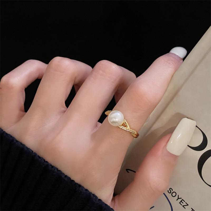 Heavy Industry Full Diamond Bow Full Diamond Zir*****Pen Ring Light Luxury Premium Pearl Index Finger Ring Personality Elegant Ring