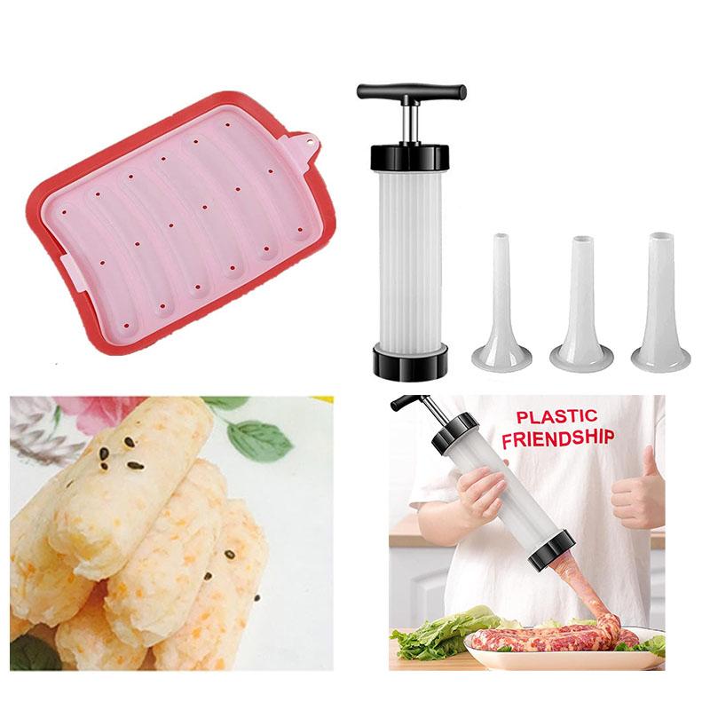 Manual Sausage Maker and Silicone Sausage Mold DIY Non-Stick Sausage Stuffer with Nozzles for Homemade Sausages Kitchen Tools