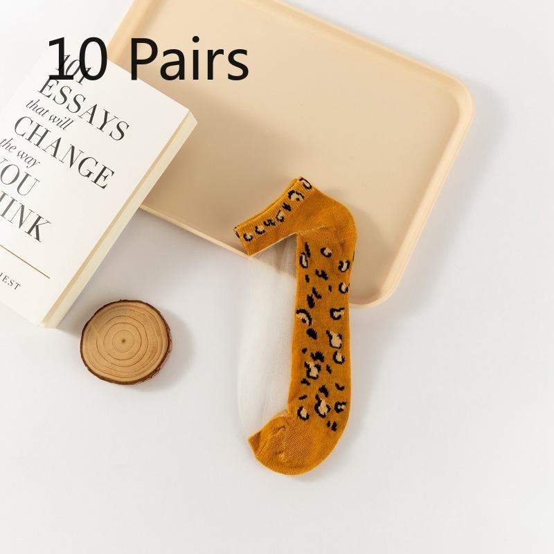 10 Paar Sommer-Kurzsocken mit Leopardenmuster, Kristall-Socken, Atmungsaktive und vielseitige Damensocken, Dünne Socken aus Glasfaser für Damen
