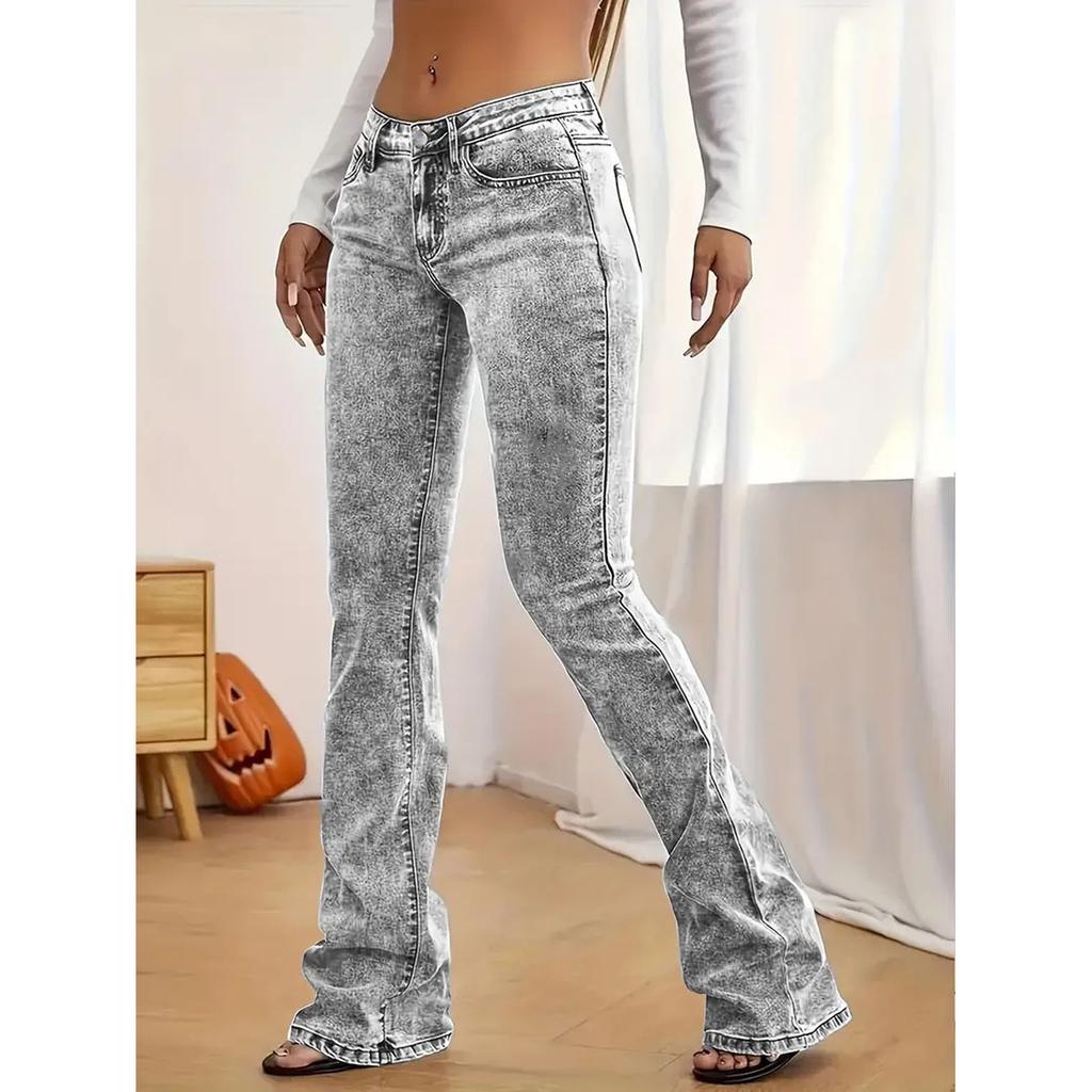 Fashion Women's Gray Low-Rise Slim Fit Bootcut Jeans Snow Wash Streetwear Elegant Denim Pants