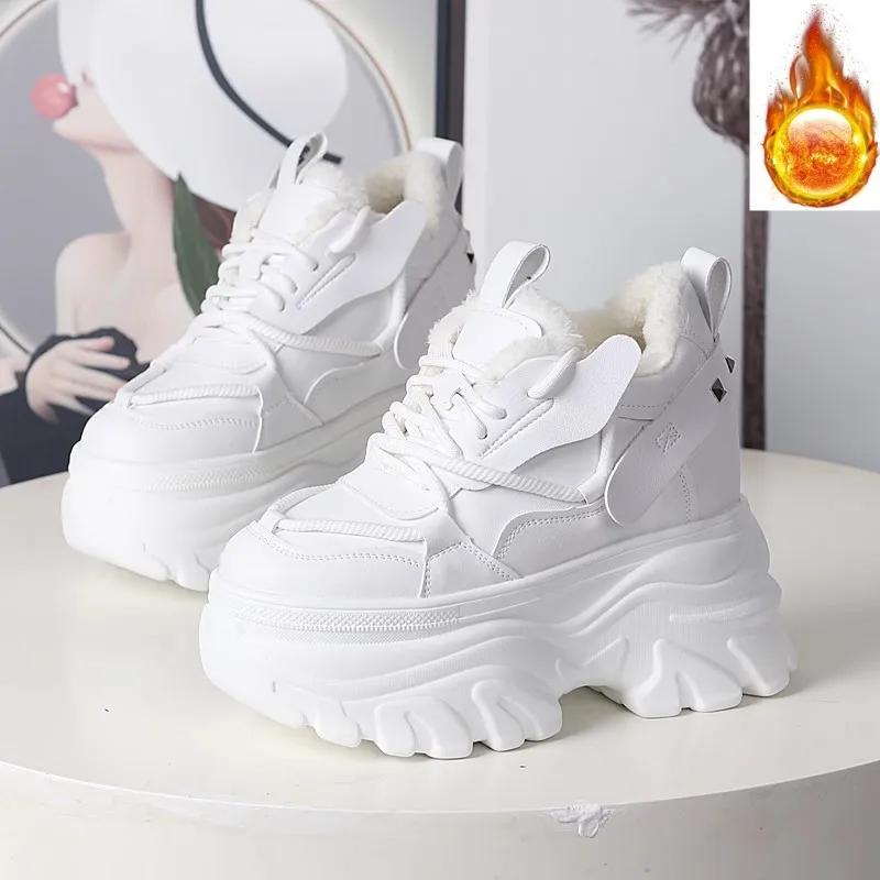 Fashion 12CM Synthetic Autumn Winter Spring Plush Warm Down Women Ankle Booties Shoes Leather Platform Boots Winter Sneakers Wedge