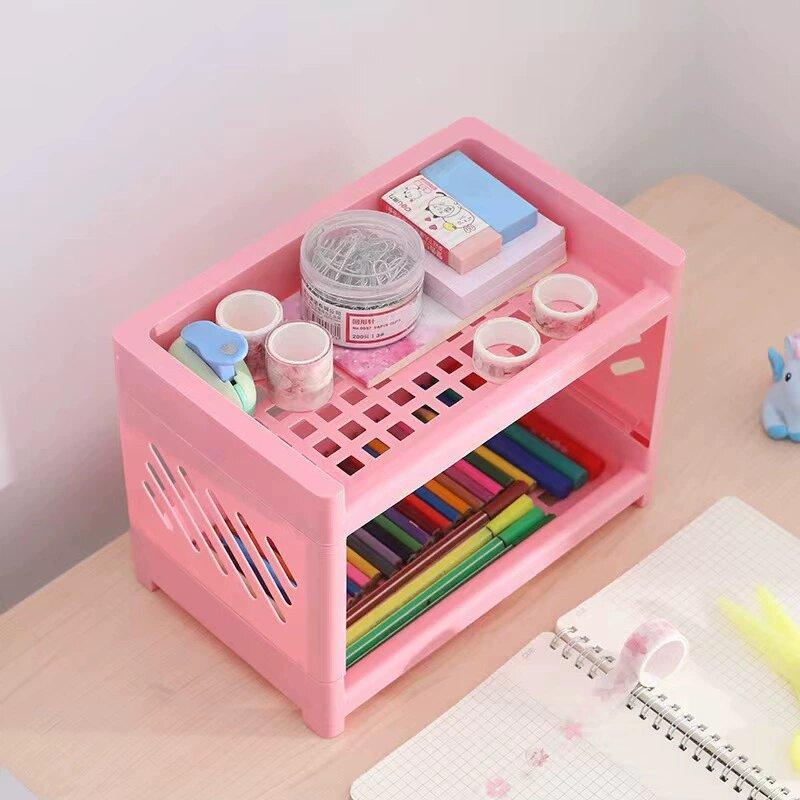 1PC PP Desktop Doppel Schicht Lagerung Rack Rechteckigen Weiß Organisation Student Schreibtisch Büro Kosmetik Schreibwaren