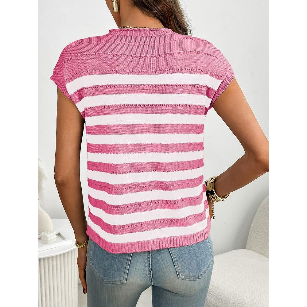 Summer New Women's Round Neck Top Knitted Casual Striped Sweater
