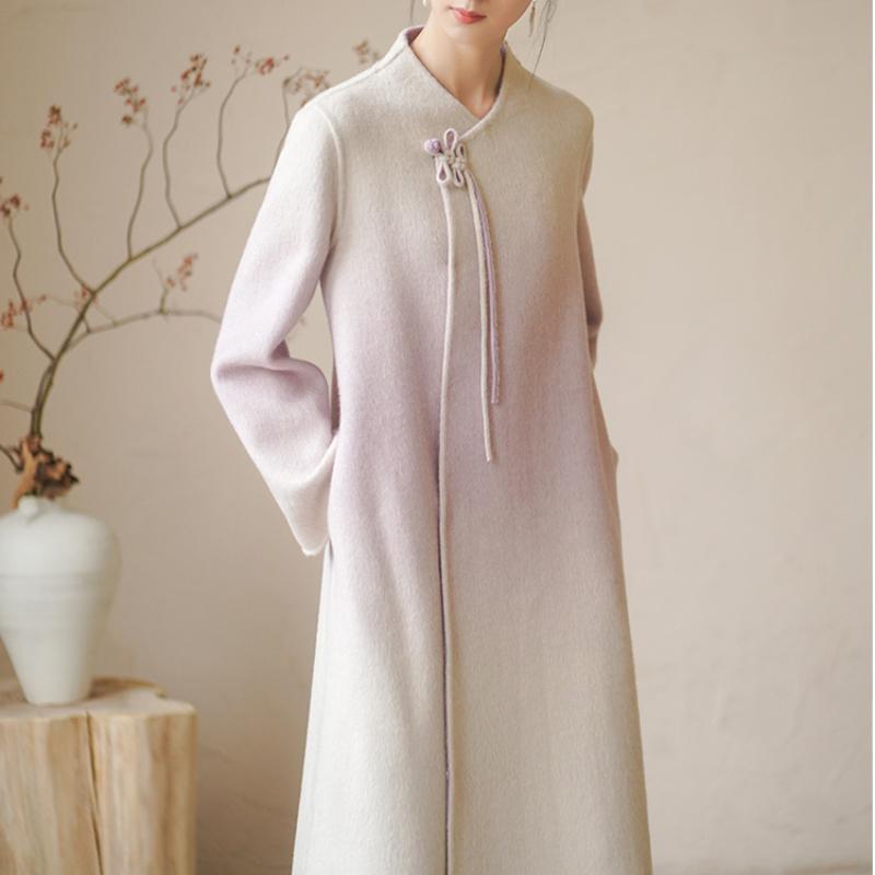 Fashionable Literary Classic Style Standing Collar Long Woolen Coat  with Belted Waist
