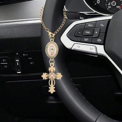 1pc Steering Wheel Decor - With Virgin Mary Pendant And Diamond Cross Steering Wheel Accessory, Multi-Color Options; Catholic Pendant, Car Accessories