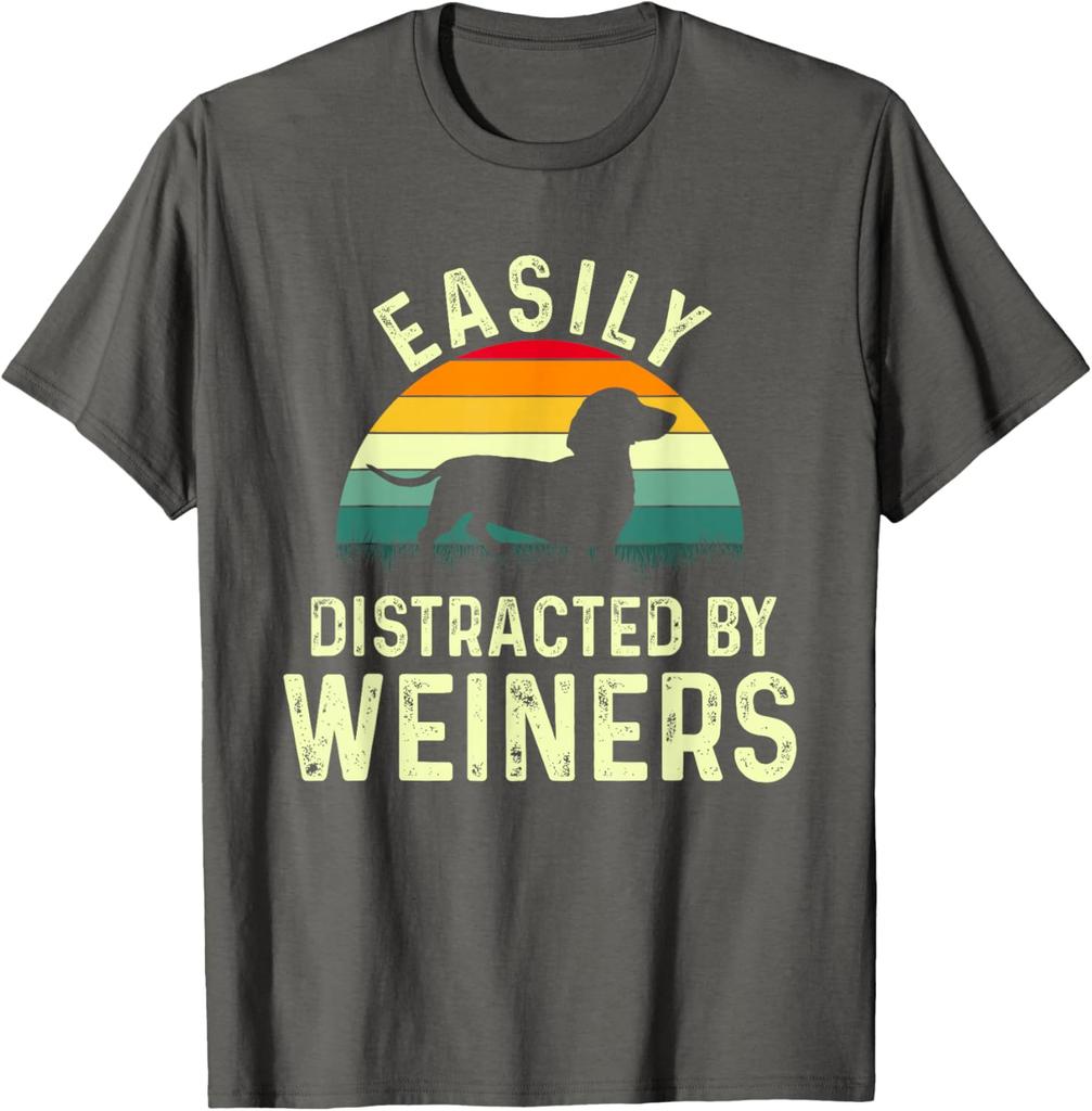 Easily Distracted By Weiners Dachshund Silhouette Unisexs Graphic TShirt Casual Cotton Tee