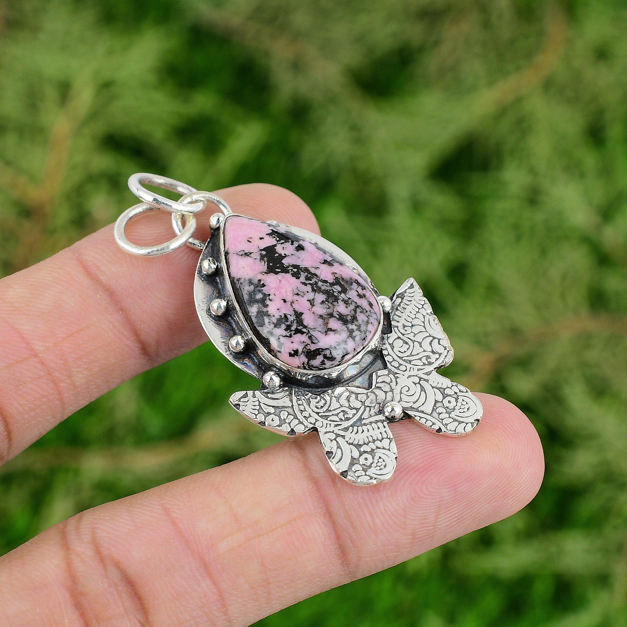 

Rhodonite Gemstone Pendant 925 Sterling Silver Pendant Birthstone Jewelry Handmade Pendant Engagement Gifts