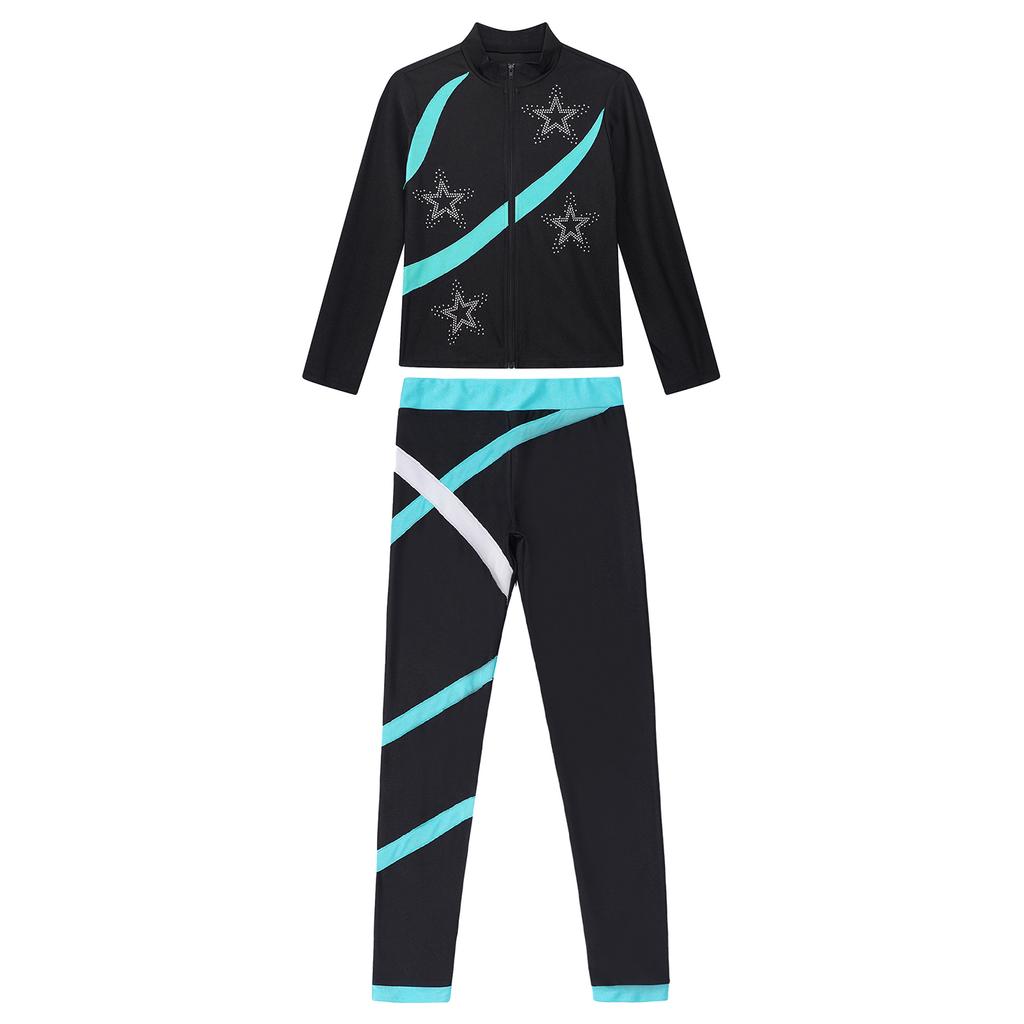 Girls Sports Set Shiny Rhinestone Star Contrast Color Long Sleeve Stand Collar Zipper Sweatshirt Colorblock Leggings