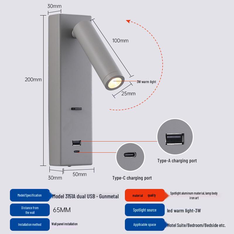 Rotatable Type-C USB Wall Lamp with Switch for Bedroom, Study, or Hotel