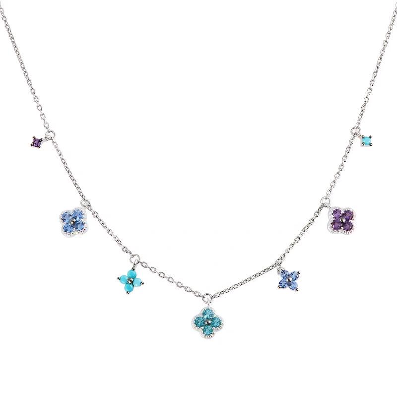 S925 Sterlingsilber Bunte Vierblättriges Kleeblatt Halskette - Damen Leichter Luxus Mode, Stilvolle Schlüsselbeinkette, Vielseitiges und Modernes Design.