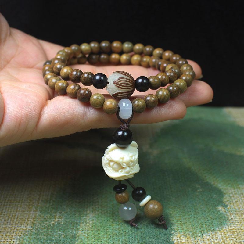 Double Strand Green Sandalwood Lotus Beaded Bracelet Unisex Handheld Wooden Ornament