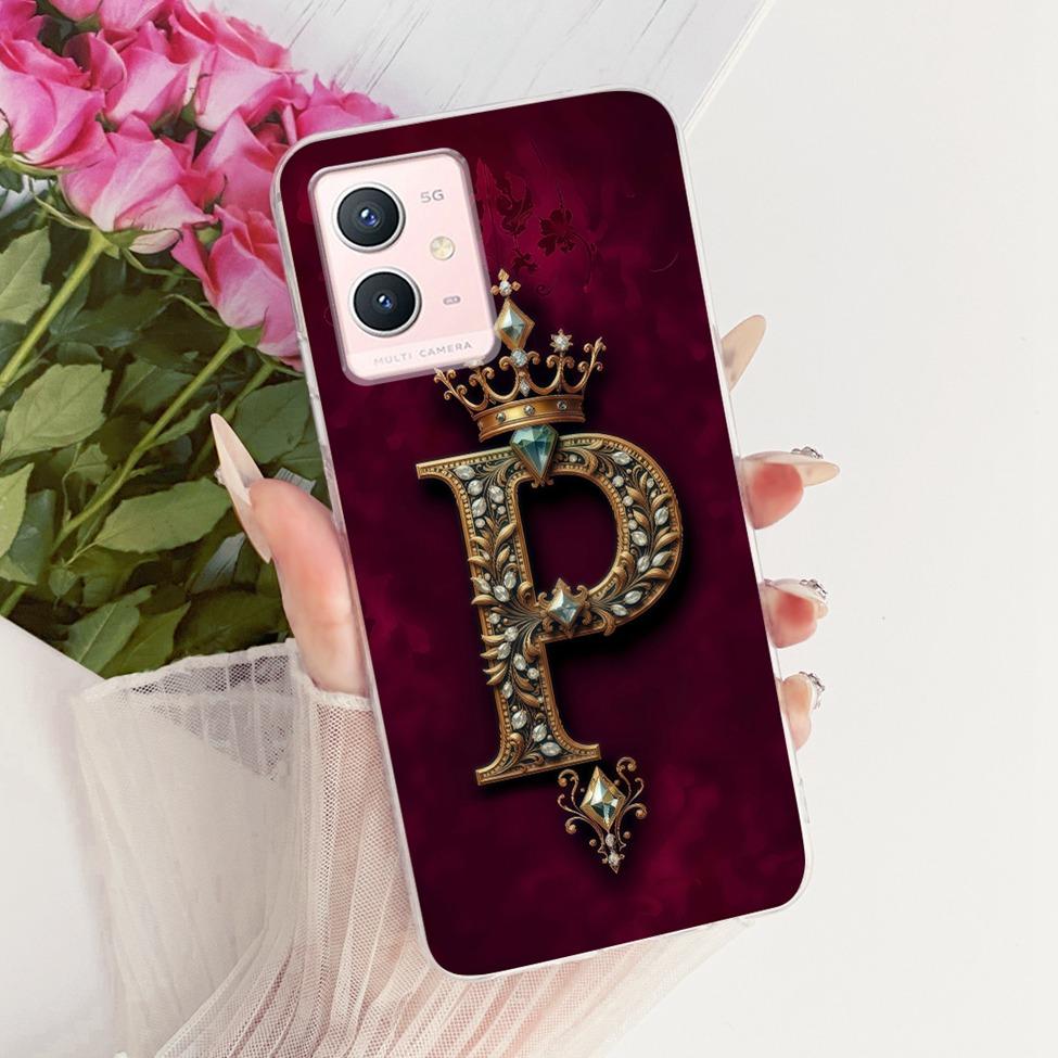 For Vivo Y33s 5G Case Cover Transparent Luxury Crown A-Z Letters 2D Flat Pattern Soft Phone Case For Vivo V2166A