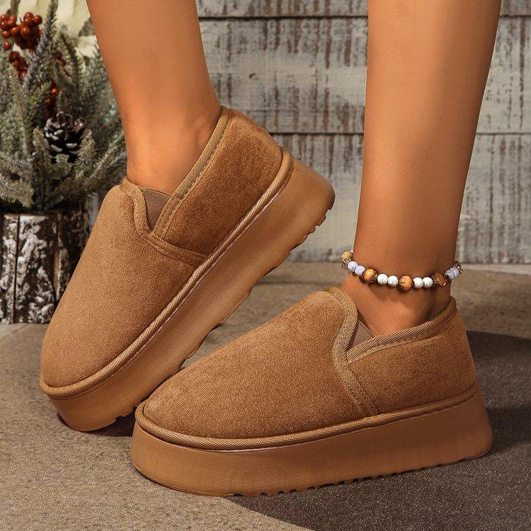 Warm Winter Platform Boots Vintage Brown Women Snow Boats Plus Velvet Suede Inner Fashion Thick Bottom Women Flat Slip-on Boots