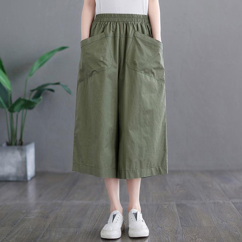 Women's Elastic Waist Wide Leg Pants Relaxed Fit Cropped Trousers Casual Pocket Summer Loose Culotte Bottoms