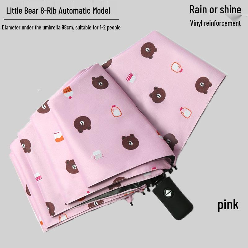 Triple-Fold Forest-Style Umbrella with 8 Ribs, Thick Black Coating for Sun Protection & Rain Shade