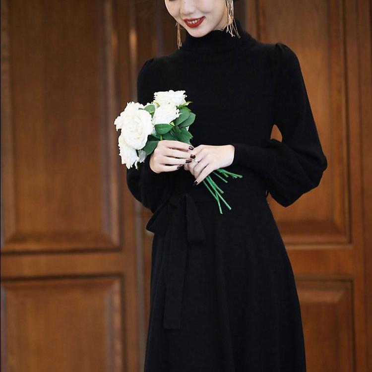 Pletené dlouhé šaty s polovičním rolákem pro podzimní a zimní dámské nošení, svetrové šaty ke kolenům, svetrové šaty střední délky se stahováním v pase, svetr