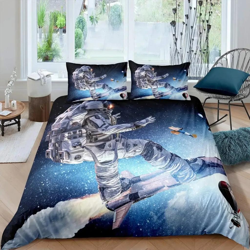 Astronaut Duvet Cover Set Galaxy Outer Space Bedding Set 3D Boys Cosmonaut Spaceman Comforter Cover Universe Planet Quilt Cover