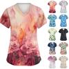 Women V Neck Short Sleeve Printed Nursing Scrub Top with Pockets and Side Slits Comfortable Shirt for Caregivers